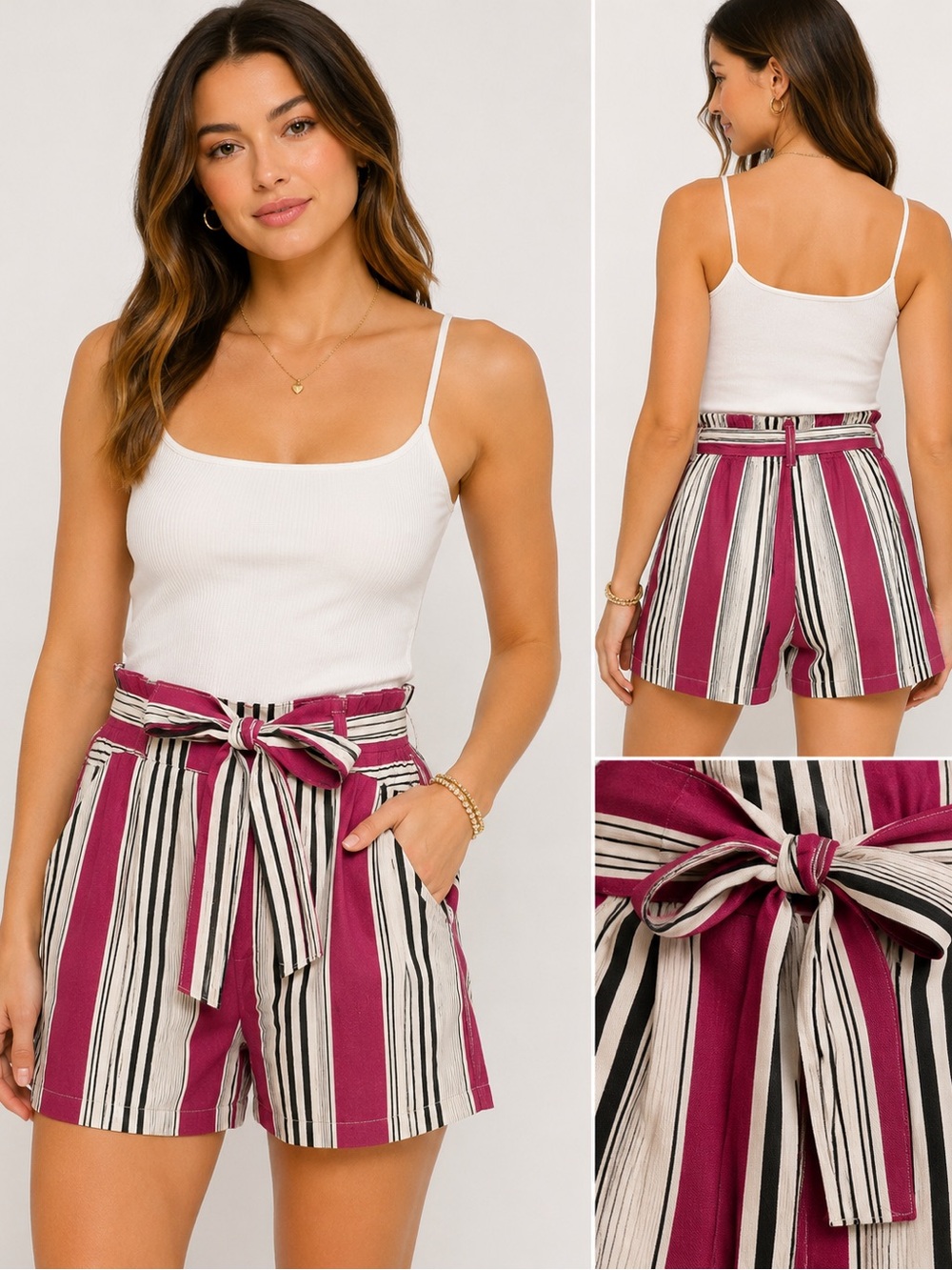 92. INC Striped Paperbag Waist Shorts in Berry